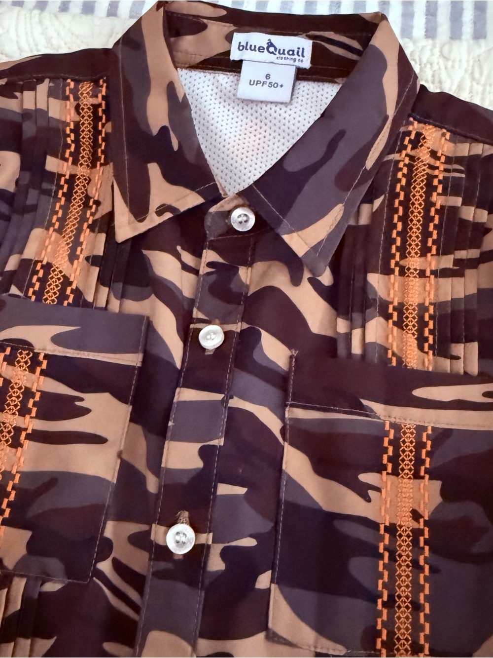 BlueQuail size 6 Brown & Tan Camouflage guayabera Shirt with Orange Stitching.